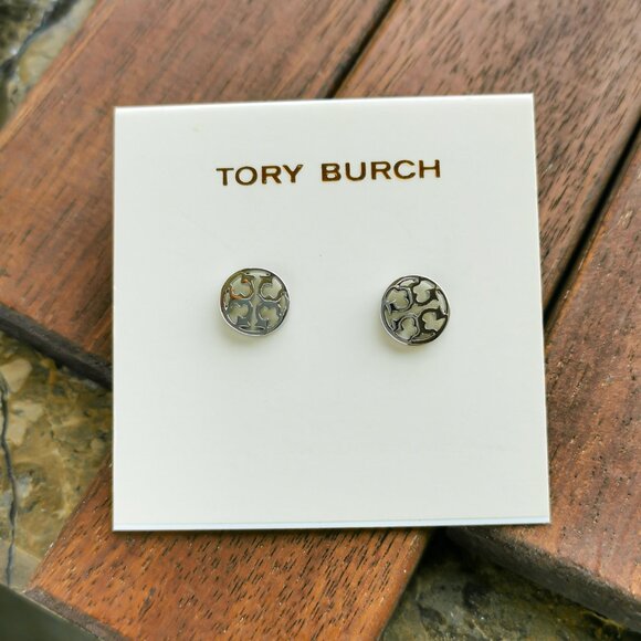Tory Burch Miller Logo Circle Stud Earrings. Silver - Picture 1 of 3
